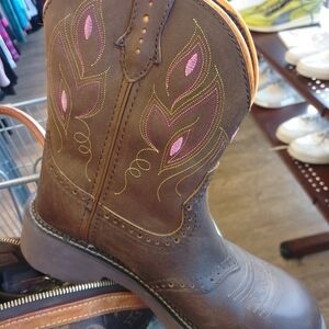 Brown Western Boots with Pink and Yellow Embroidery